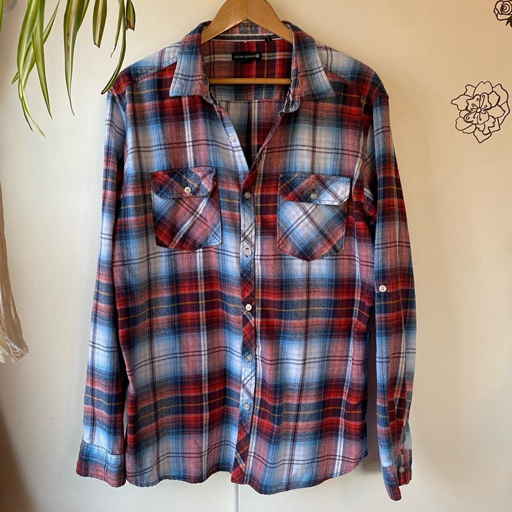 Plaid Red and Blue Men's Shirt Ocean Current Size XL